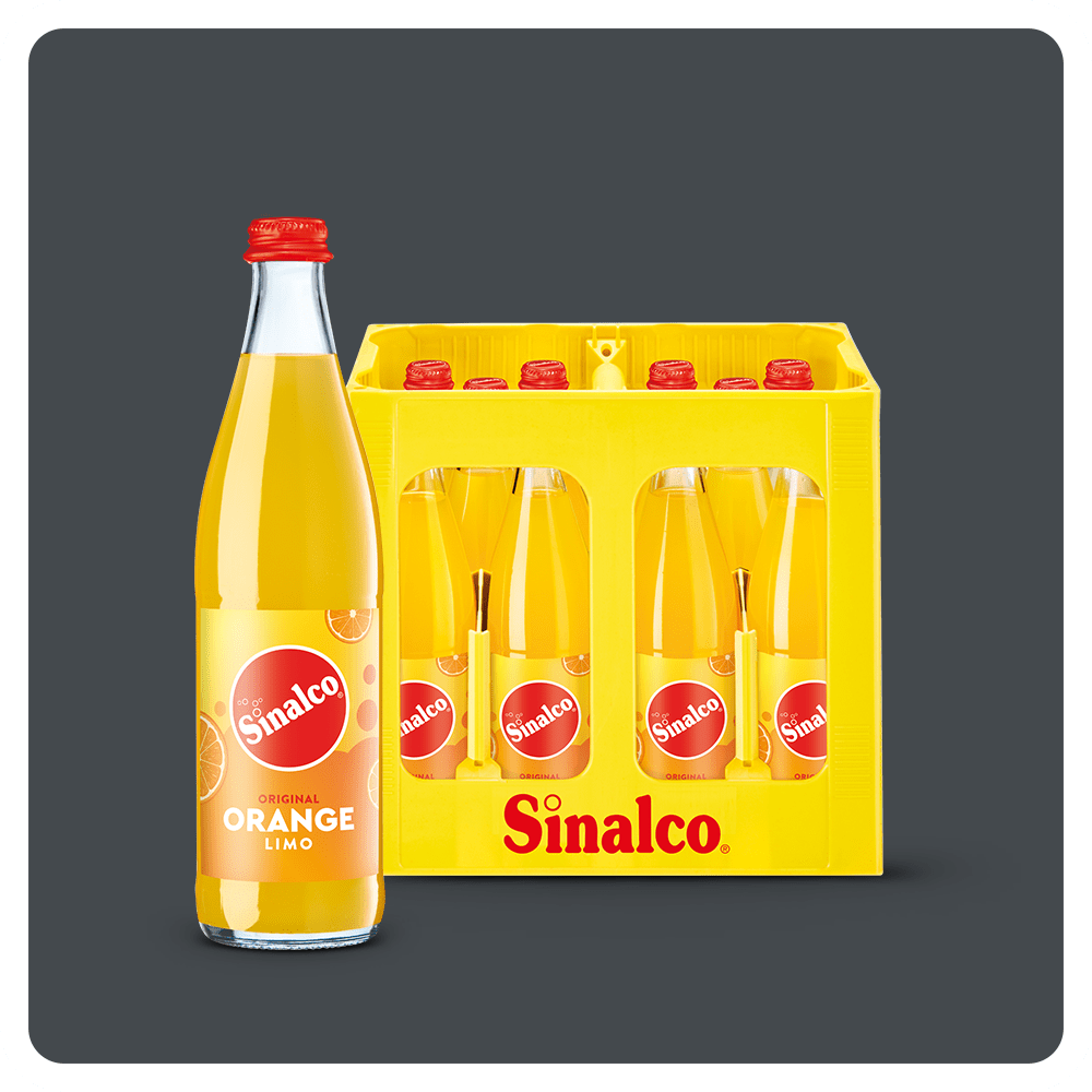 Sinalco Orange in der Halbliter Glasflasche und im Kasten 