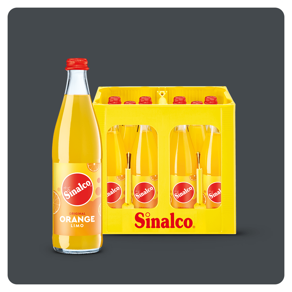 Sinalco Orange in der Halbliter Glasflasche und im Kasten 