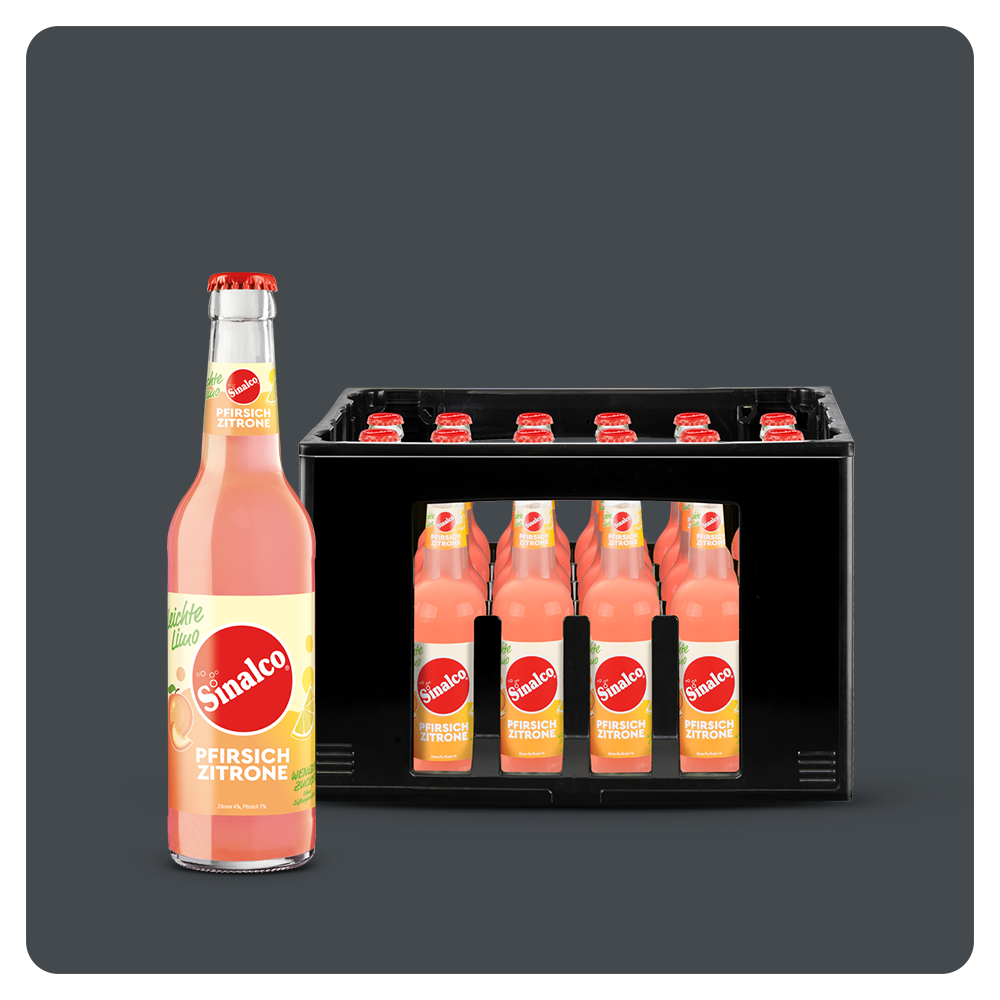 Flasche Pfirsich-Zitrone und Getränkekasten