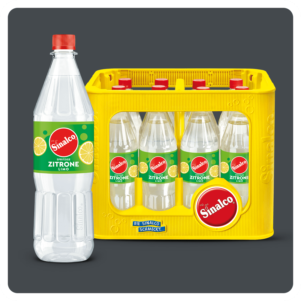 Sinalco Zitrone in der 1 L Flasche und im Kasten 